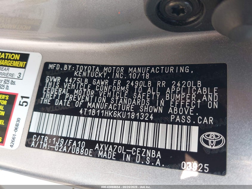 4T1B11HK6KU181324 2019 TOYOTA CAMRY photo no. 9