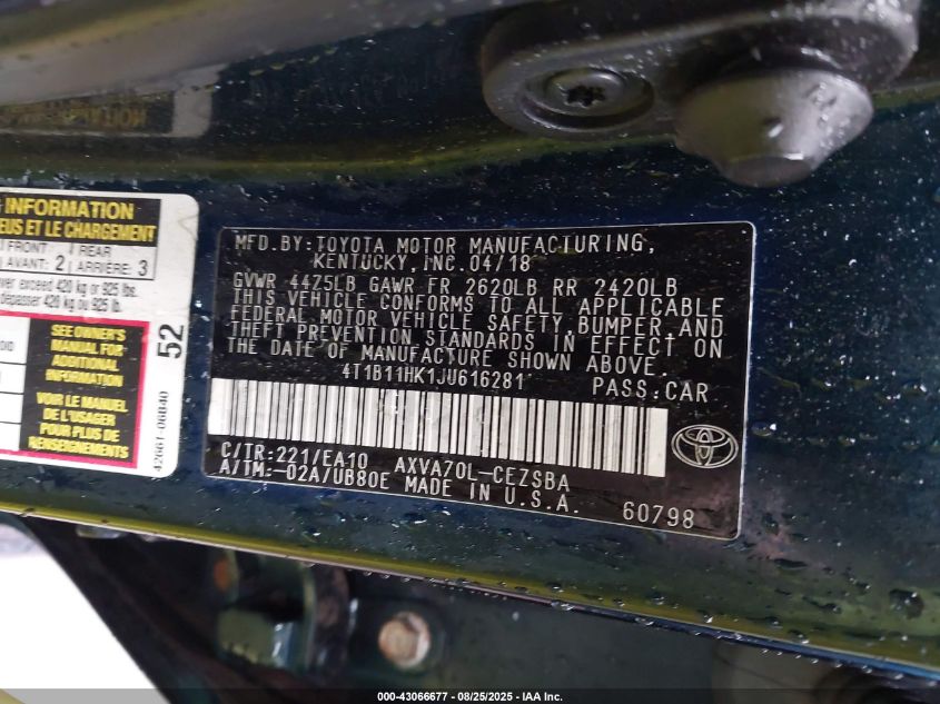 2018 Toyota Camry Se VIN: 4T1B11HK1JU616281 Lot: 43066677