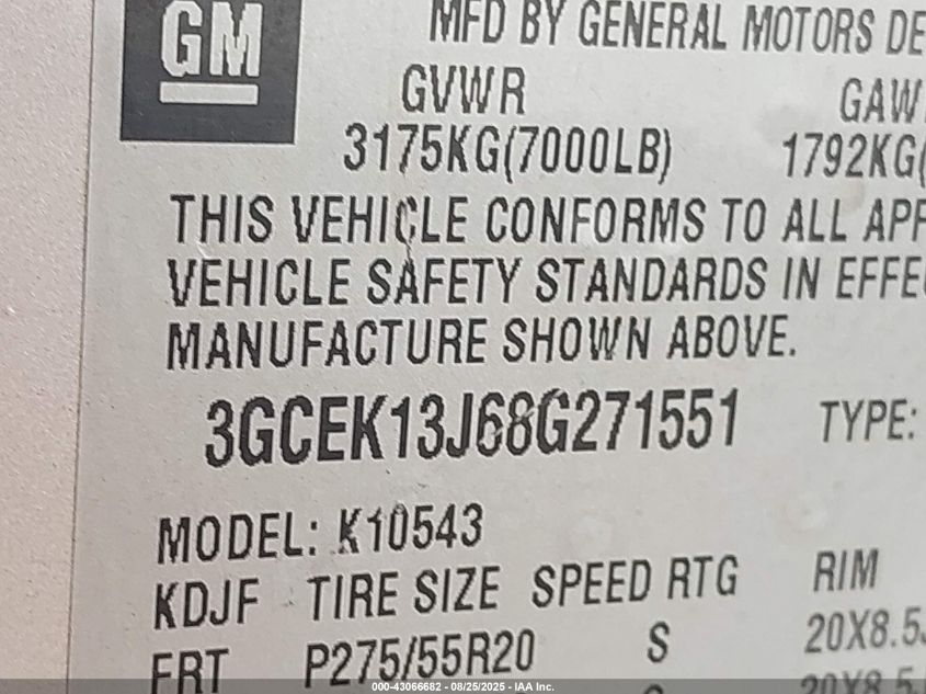 2008 Chevrolet Silverado 1500 Lt1 VIN: 3GCEK13J68G271551 Lot: 43066682