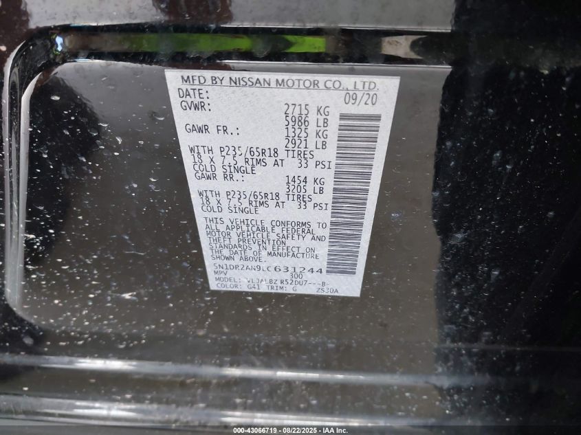 2020 Nissan Pathfinder S 2Wd VIN: 5N1DR2AN9LC631244 Lot: 43066719