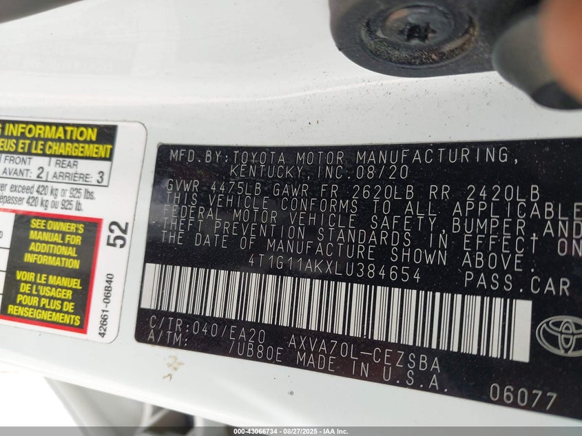 2020 TOYOTA CAMRY SE - 4T1G11AKXLU384654