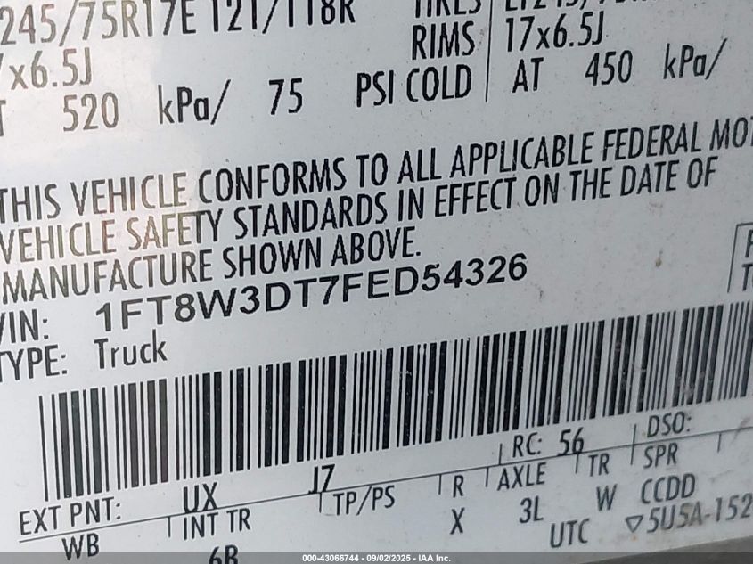 2015 Ford F-350 Lariat VIN: 1FT8W3DT7FED54326 Lot: 43066744