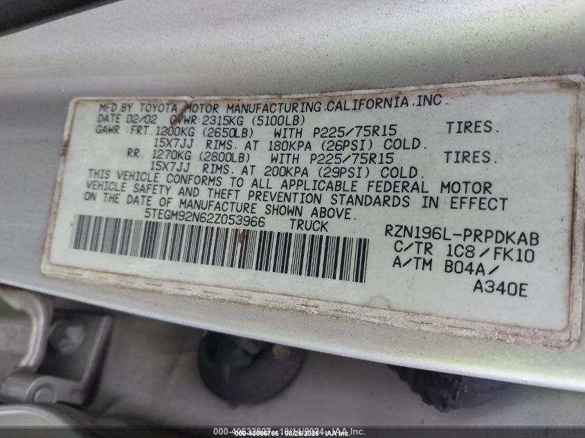 2002 Toyota Tacoma Prerunner VIN: 5TEGM92N62Z053966 Lot: 43066766
