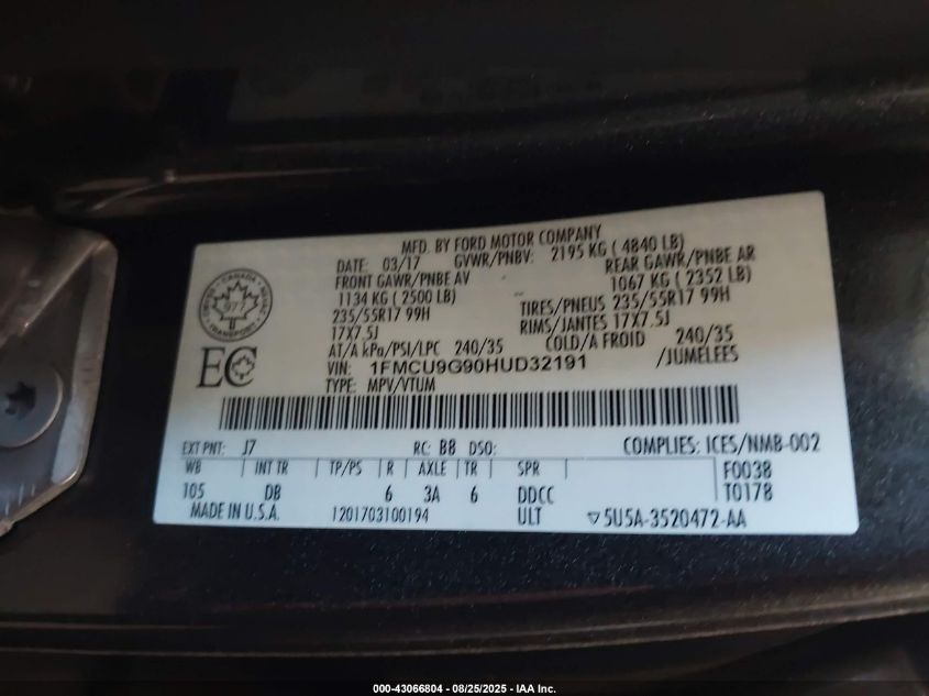 2017 Ford Escape Se VIN: 1FMCU9G90HUD32191 Lot: 43066804