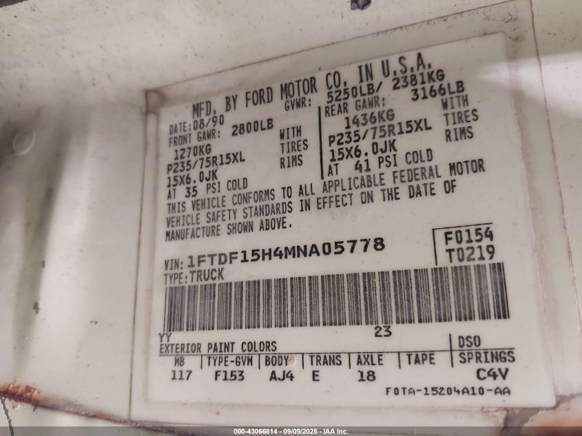 1991 Ford F150 VIN: 1FTDF15H4MNA05778 Lot: 43066814