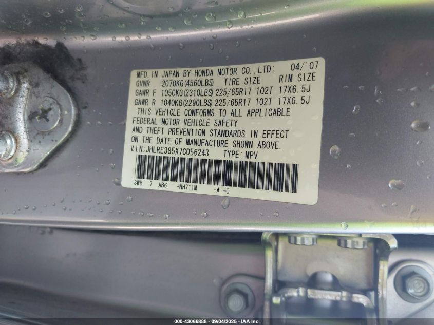 2007 Honda Cr-V Ex VIN: JHLRE385X7C056243 Lot: 43066888