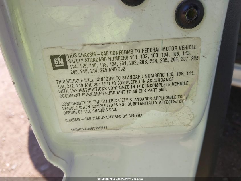 2006 GMC Sierra 2500Hd Work Truck VIN: 1GDHC24U46E165818 Lot: 43066904