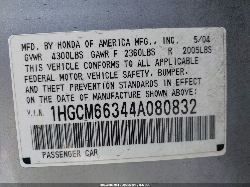 2004 Honda Accord 3.0 Lx VIN: 1HGCM66344A080832 Lot: 43066961