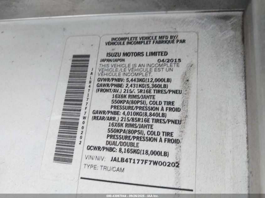 2015 Isuzu Commercial Van VIN: JALB4T177F7W00202 Lot: 43067044