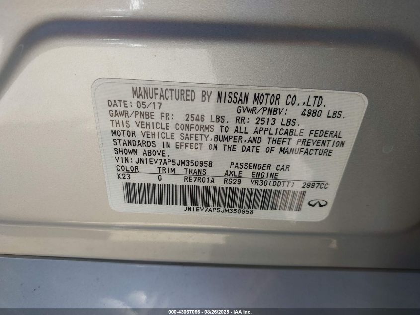 2018 Infiniti Q50 3.0T Sport VIN: JN1EV7AP5JM350958 Lot: 43067066