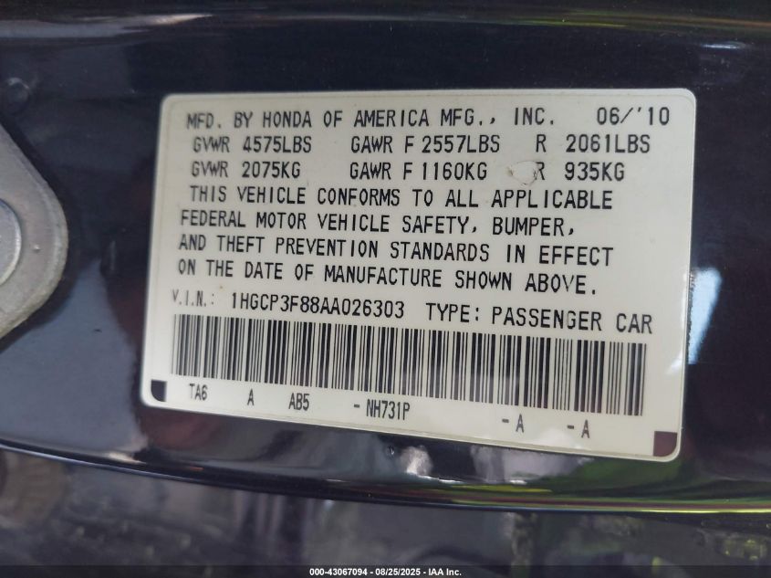 2010 Honda Accord 3.5 Ex-L VIN: 1HGCP3F88AA026303 Lot: 43067094