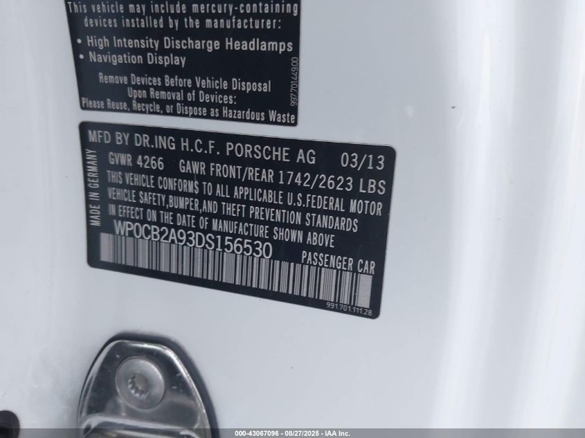 2013 Porsche 911 Carrera 4S VIN: WP0CB2A93DS156530 Lot: 43067096