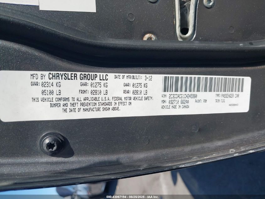 2012 Chrysler 300 Limited VIN: 2C3CCACG1CH245980 Lot: 43067194