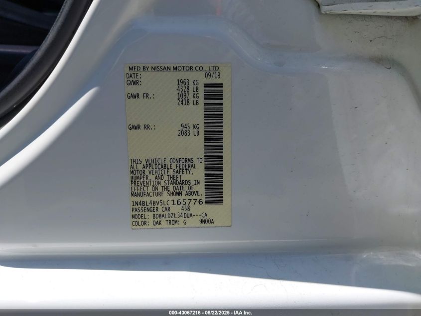 2020 Nissan Altima S Fwd VIN: 1N4BL4BV5LC165776 Lot: 43067216