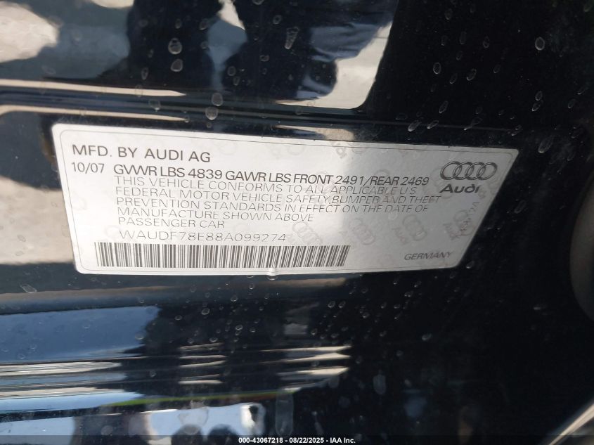 2008 Audi A4 2.0T/2.0T Special Edition VIN: WAUDF78E88A099274 Lot: 43067218