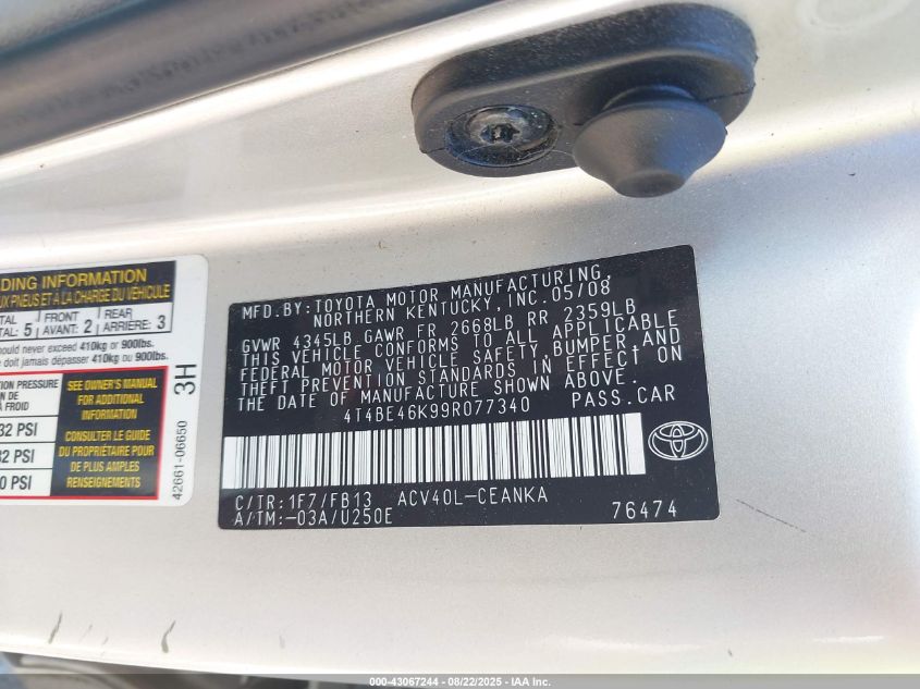 2009 Toyota Camry Le VIN: 4T4BE46K99R077340 Lot: 43067244