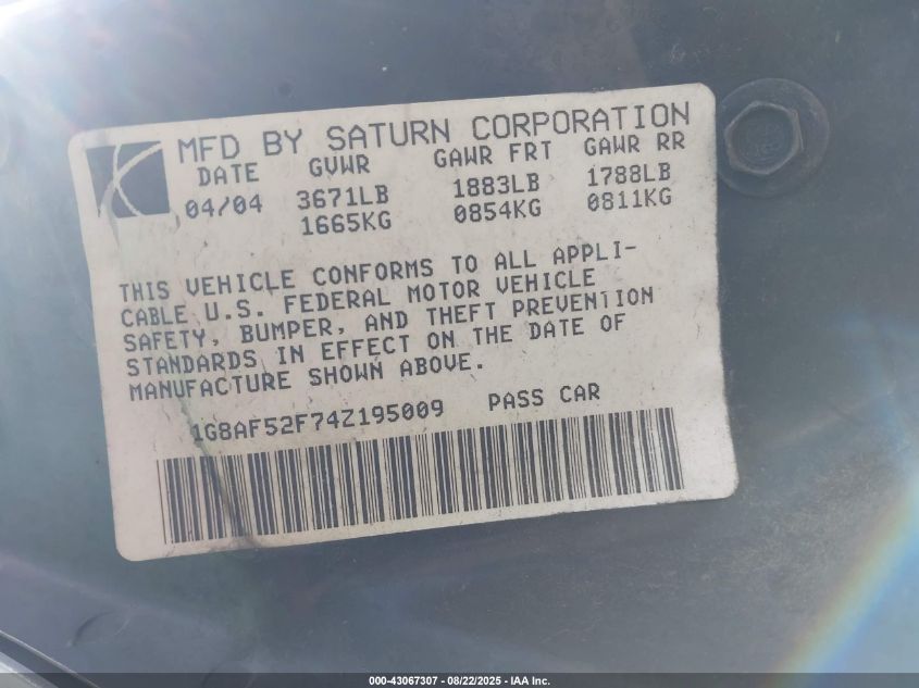 2004 Saturn Ion 1 VIN: 1G8AF52F74Z195009 Lot: 43067307