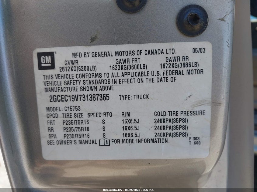 2003 Chevrolet Silverado 1500 VIN: 2GCEC19V731387365 Lot: 43067427