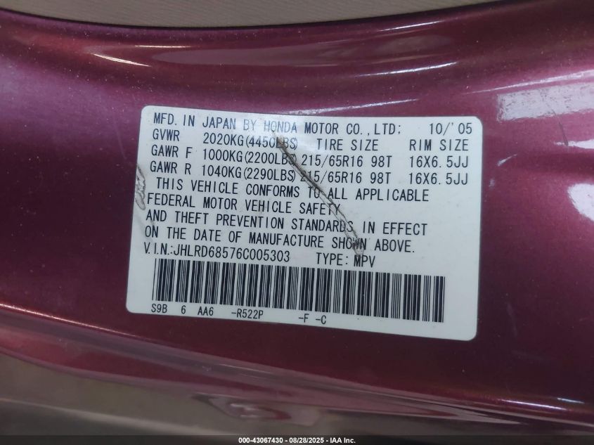 2006 Honda Cr-V Lx VIN: JHLRD68576C005303 Lot: 43067430