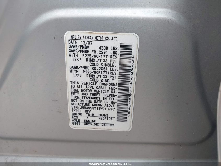 2008 Nissan Rogue Sl VIN: JN8AS58T18W013797 Lot: 43067465