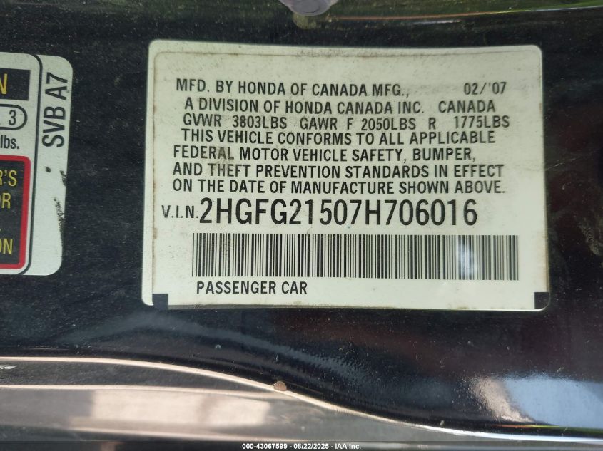 2007 Honda Civic Si VIN: 2HGFG21507H706016 Lot: 43067599