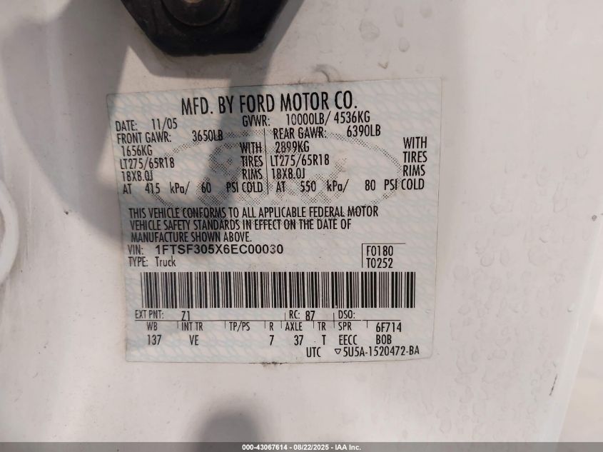 2006 Ford F-350 Xl/Xlt VIN: 1FTSF305X6EC00030 Lot: 43067614