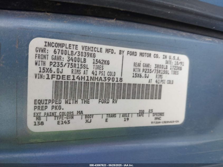 1992 Ford Econoline E150 Van VIN: 1FDEE14H1NHA39018 Lot: 43067623