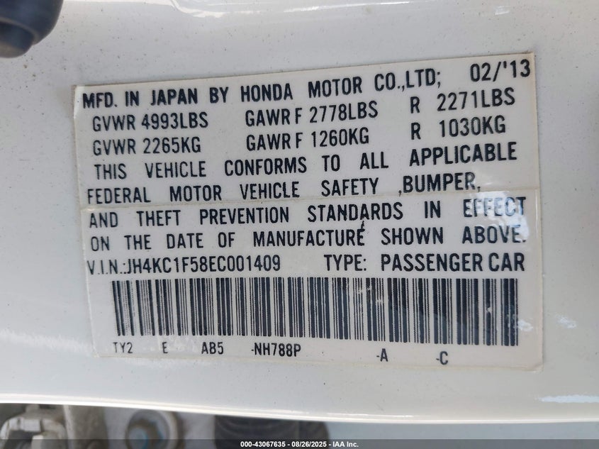 2014 ACURA RLX JH4KC1F58EC001409