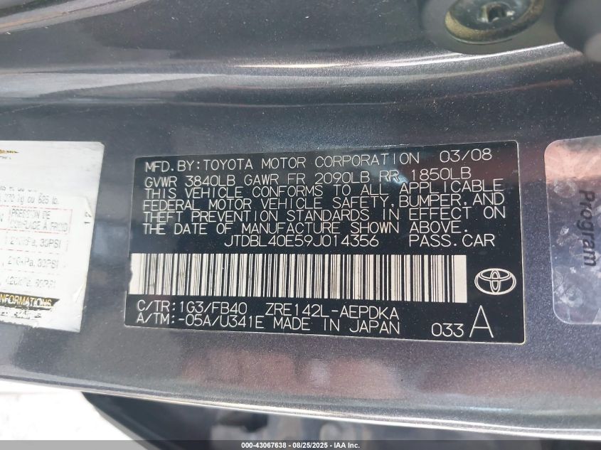 2009 Toyota Corolla Le VIN: JTDBL40E59J014356 Lot: 43067638