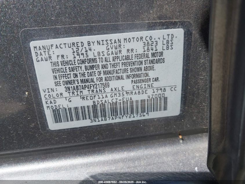 2015 Nissan Sentra S VIN: 3N1AB7AP4FY217569 Lot: 43067952