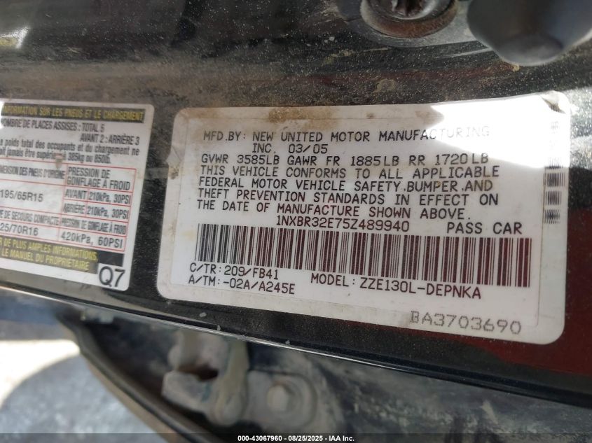 2005 Toyota Corolla Le VIN: 1NXBR32E75Z489940 Lot: 43067960