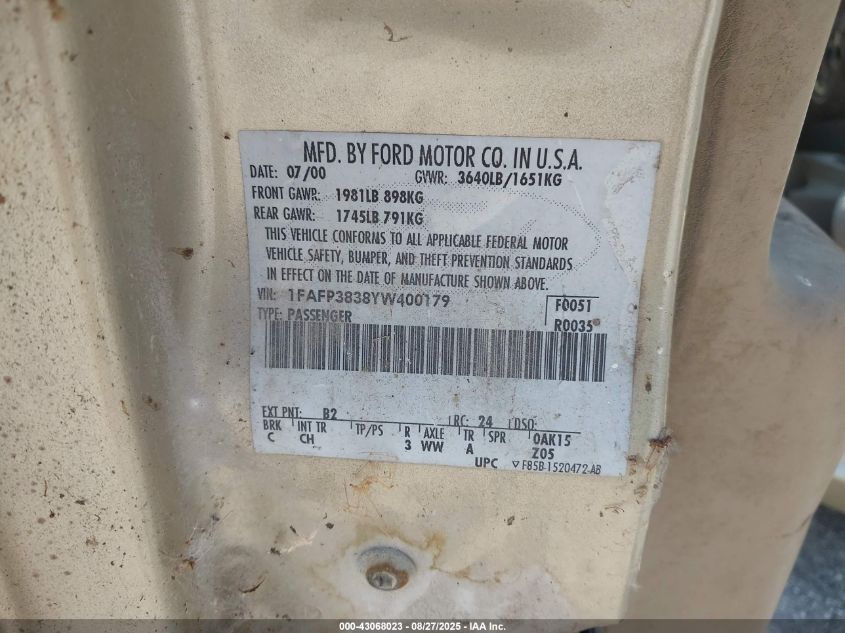 2000 Ford Focus Zts VIN: 1FAFP3838YW400179 Lot: 43068023