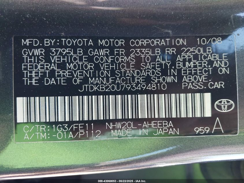 2009 Toyota Prius VIN: JTDKB20U793494810 Lot: 43068053