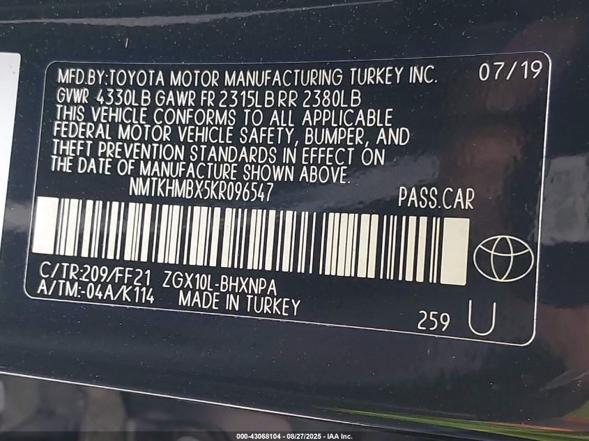 2019 Toyota C-Hr Xle VIN: NMTKHMBX5KR096547 Lot: 43068104