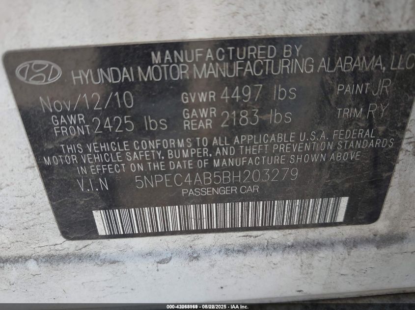 2011 Hyundai Sonata Se 2.0T VIN: 5NPEC4AB5BH203279 Lot: 43068169
