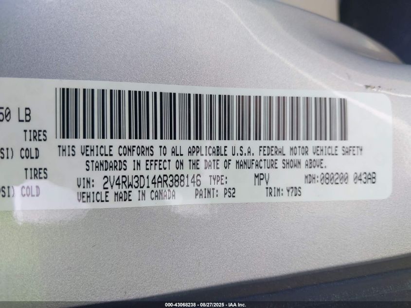 2010 Volkswagen Routan Se VIN: 2V4RW3D14AR388146 Lot: 43068238