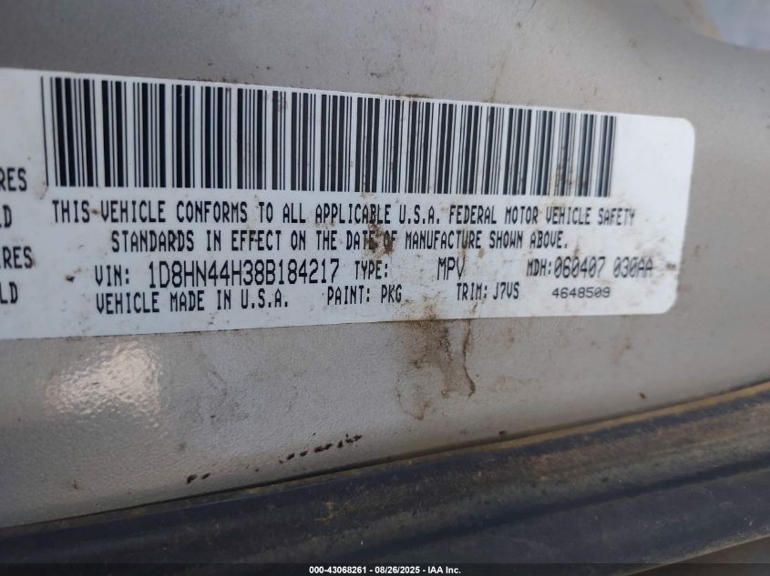 2008 Dodge Grand Caravan Se VIN: 1D8HN44H38B184217 Lot: 43068261