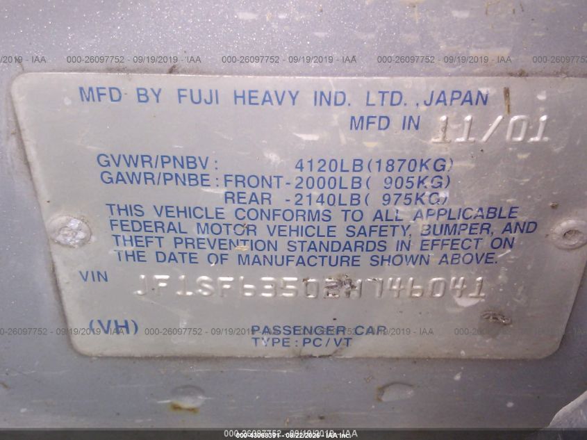 2002 Subaru Forester L VIN: JF1SF63502H746041 Lot: 43068391