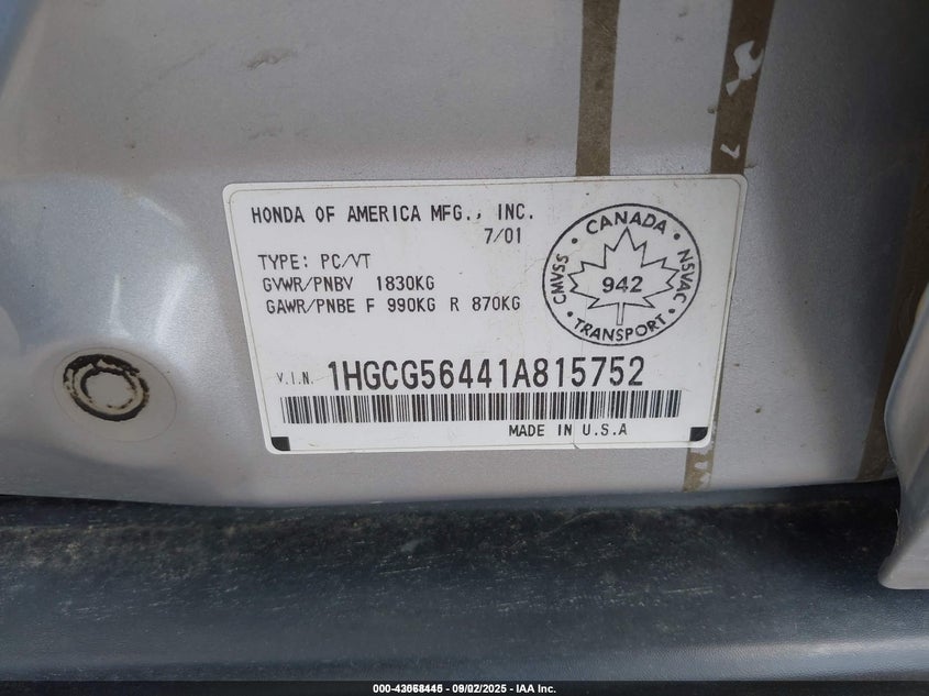 1HGCG56441A815752 2001 HONDA ACCORD photo no. 9
