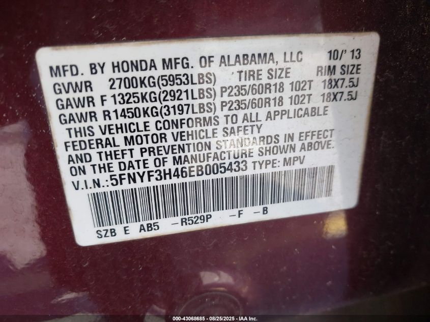 2014 Honda Pilot Ex VIN: 5FNYF3H46E8005433 Lot: 43068685