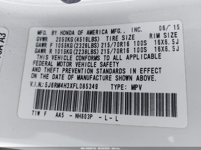 2015 HONDA CR-V LX - 5J6RM4H3XFL085349