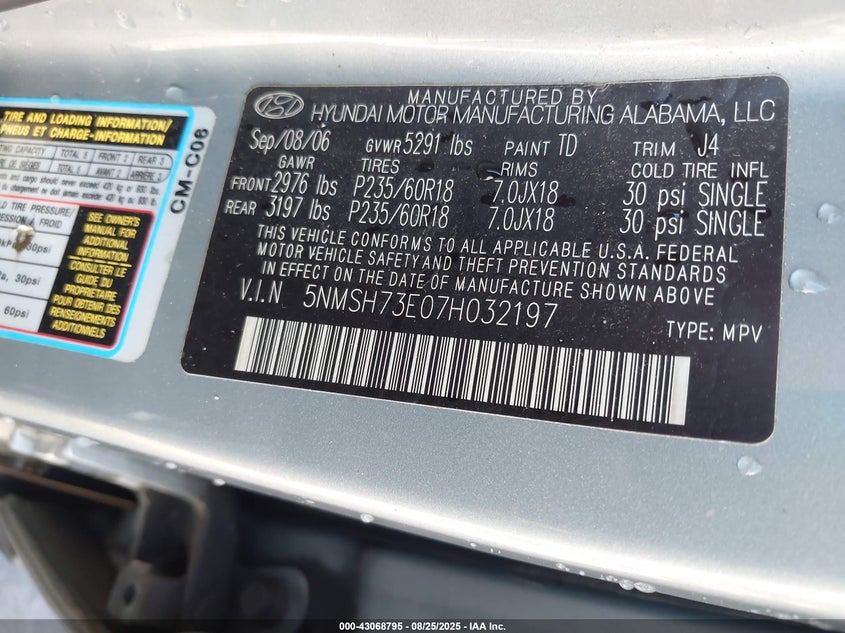 2007 Hyundai Santa Fe Se/Limited VIN: 5NMSH73E07H032197 Lot: 43068795