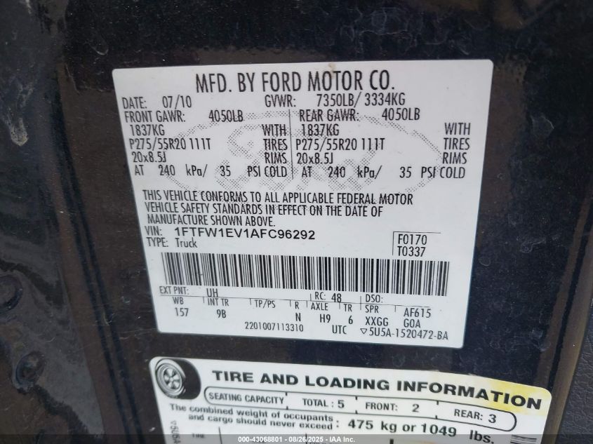 2010 Ford F-150 Fx4/Harley-Davidson/King Ranch/Lariat/Platinum/Xl/Xlt VIN: 1FTFW1EV1AFC96292 Lot: 43068801