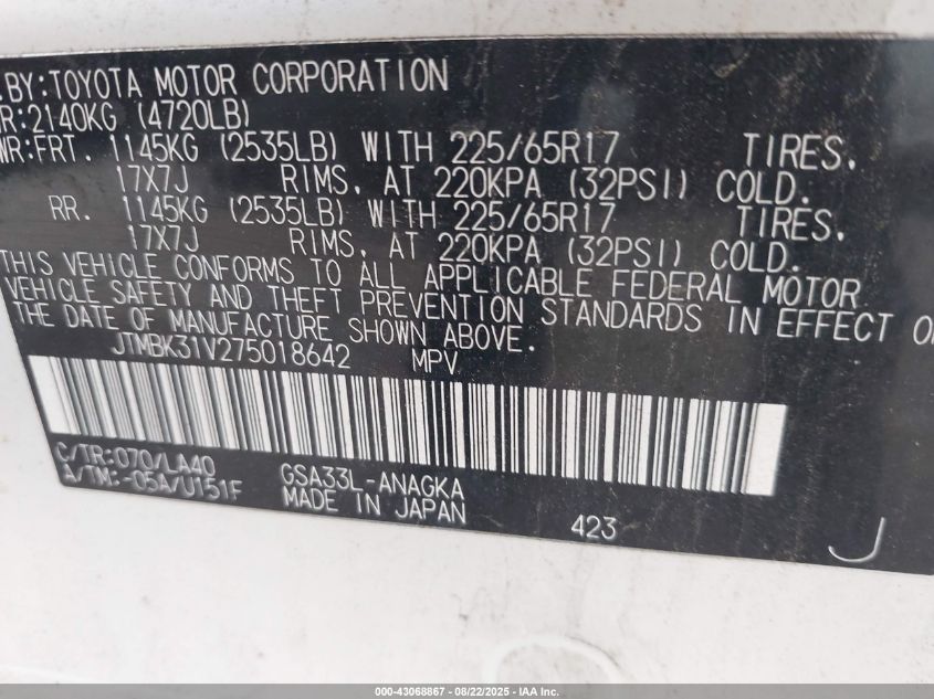 2007 Toyota Rav4 Limited V6 VIN: JTMBK31V275018642 Lot: 43068867