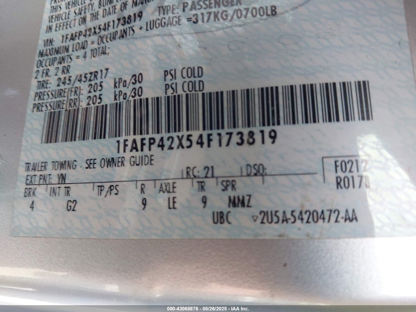 2004 Ford Mustang Gt VIN: 1FAFP42X54F173819 Lot: 43068876