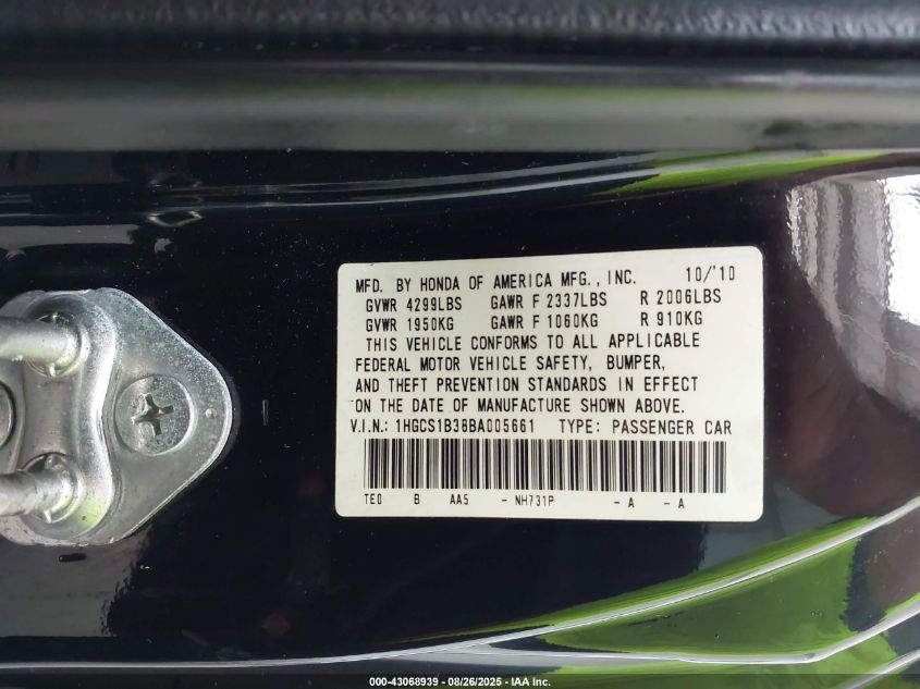 2011 Honda Accord 2.4 Lx-S VIN: 1HGCS1B38BA005661 Lot: 43068939