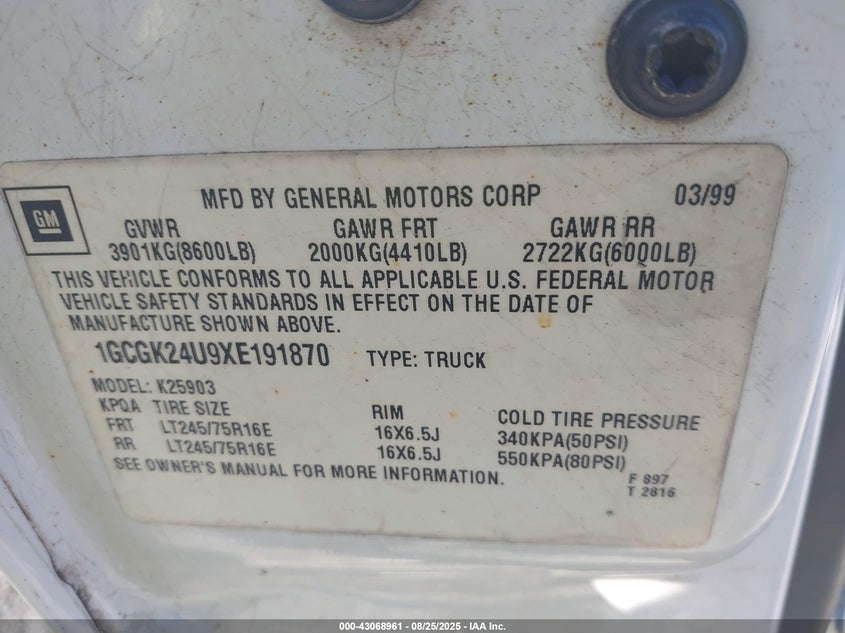 1999 Chevrolet Silverado 2500 Ls VIN: 1GCGK24U9XE191870 Lot: 43068961