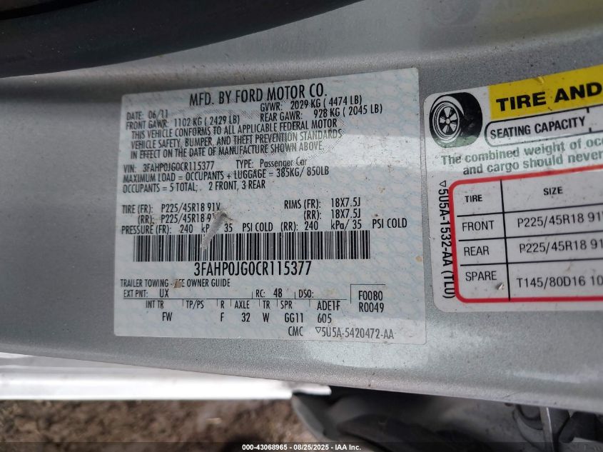 2012 Ford Fusion Sel VIN: 3FAHP0JG0CR115377 Lot: 43068965