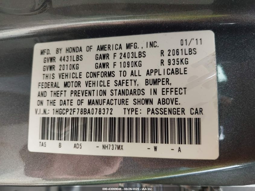 2011 Honda Accord 2.4 Ex VIN: 1HGCP2F78BA078372 Lot: 43069046