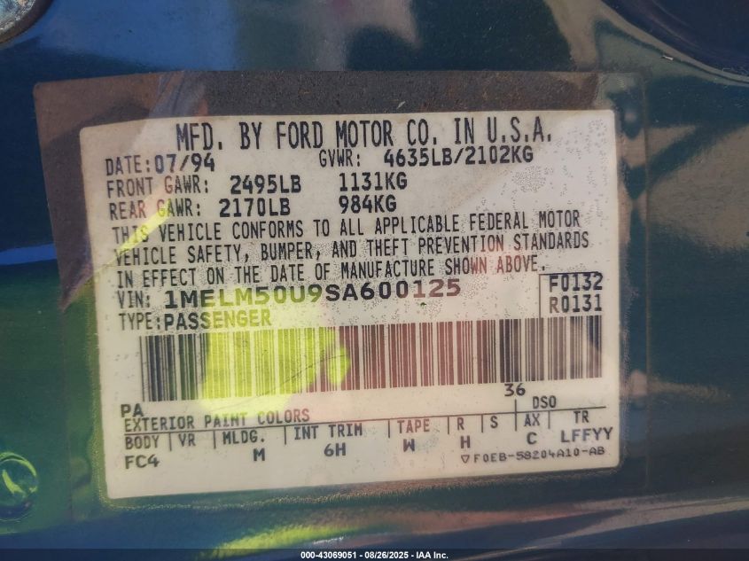 1995 Mercury Sable Gs VIN: 1MELM50U9SA600125 Lot: 43069051